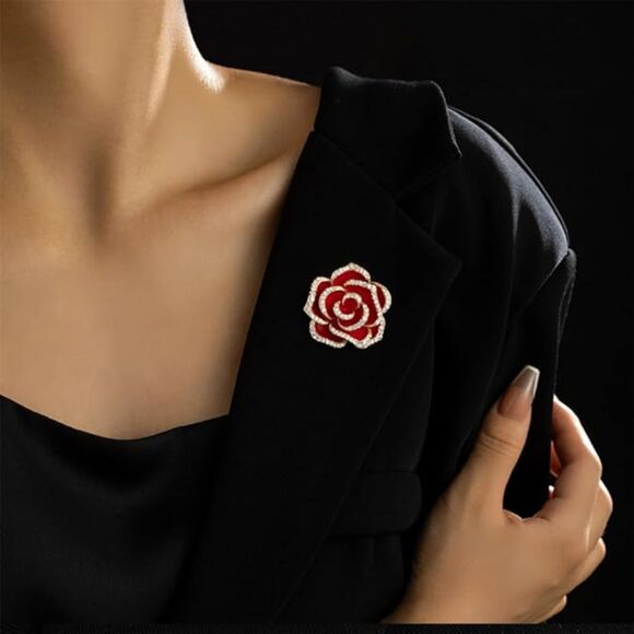 Women's Crystal Rhinestone Red Flower Camellia Pin Brooch Ladies' Fashion Red - Picture 6 of 6